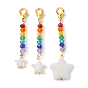Freshwater Shell Pendant Decorations, with Alloy Lobster Claw Clasps & Glass Beads, Star, 52~57mm, 3pcs/set