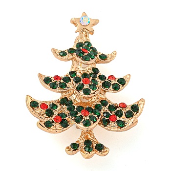 Christmas Tree Theme Zinc Alloy with Rhinestone Brooches, Enamel Pins, Golden, 47x35.5x8mm