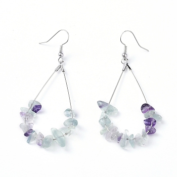 Dangle Earrings, with Natural Fluorite Chips, Platinum Plated Brass Earring Hooks and teardrop, Pendants, 71~75mm, Pendant: 53.5~59mm, Pin: 0.5mm