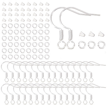300Pcs Brass Earring Hooks, with 300Pcs Brass Jump Rings abd 300Pcs Plastic Ear Nuts, Silver, 17mm, Hole: 1.5mm, 21 Gauge, Pin: 0.7mm