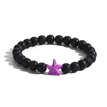 Men's Yoga Jewelry, Natural Lava Rock Round Beads Stretch Bracelets, Starfish, Medium Orchid