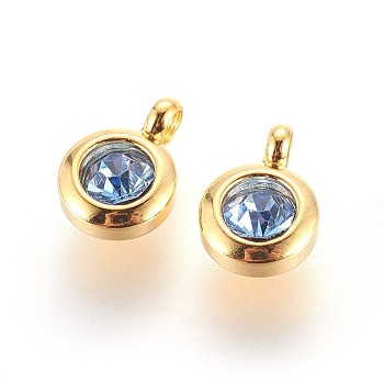 304 Stainless Steel Rhinestone Charms, July Birthstone Charms, Flat Round, Light Sapphire, 9.3x6.5x4mm, Hole: 2mm