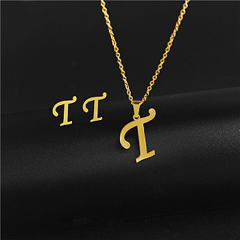 Golden Stainless Steel Initial Letter Jewelry Set, Stud Earrings & Pendant Necklaces, Letter T, No Size