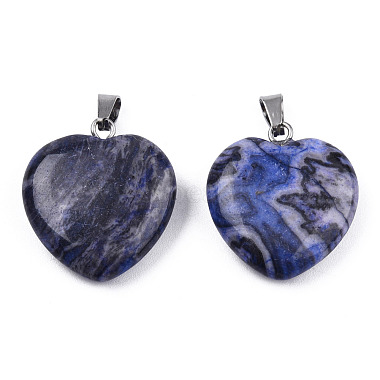 Stainless Steel Color Dark Blue Heart Map Stone Pendants