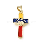 Brass Pendants, Cross with Word FE Charms, with Enamel, Cadmium Free & Lead Free, Rack Plating, Long-Lasting Plated, Real 18K Gold Plated, Colorful, 21x11.5x2mm, Hole: 3.5x5mm(CU-E002-15G)