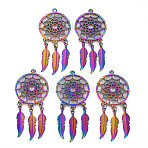 Rainbow Color Alloy Big Pendants, Cadmium Free & Nickel Free & Lead Free, Woven Net/Web with Feather Charms, 59x27x2mm, Hole: 2mm(PALLOY-S180-276-NR)