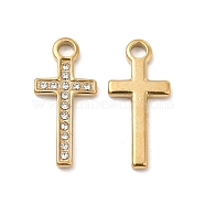 Vacuum Plating 201 Stainless Steel with Rhinestone Pendants, Religion Corss Charms, Real 18K Gold Plated, Crystal, 20x9x1.5mm, Hole: 2.2mm(STAS-J401-VC1003)