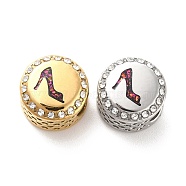 304 Stainless Steel European Beads, with Enamel & Rhinestone, Large Hole Beads, Golden & Stainless Steel Color, Flat Round with High Heel, Fuchsia, 12x8mm, Hole: 4mm(STAS-D180-15GP-02)