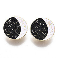 Alloy Brooches, Enamel Pin, with Brass Butterfly Clutches, Flat Round with Moon, Light Gold, Black, 26x2mm, Pin: 1mm(JEWB-S011-031)