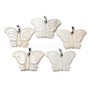 Natural Freshwater Shell Pendants, Butterfly Charms with Brass Snap on Bails, Platinum, 39x58x5mm, Hole: 6x4mm(BSHE-P033-05P)