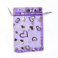 Organza Drawstring Jewelry Pouches, Wedding Party Gift Bags, Rectangle with Gold Stamping Heart Pattern, Medium Purple, 15x10x0.11cm(OP-I001-B02)