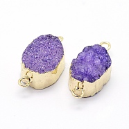 Natural & Electroplated Druzy Agate Links connectors, with Brass Findings, Oval, Golden, Purple, 22~24x10~12x6~10mm, Hole: 2mm(G-A173B-02G)