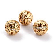 Brass Micro Pave Clear Cubic Zirconia Beads, Long-Lasting Plated, Hollow Round, Golden, 9mm, Hole: 1.2mm(ZIRC-L075-025G)