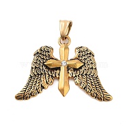 Titanium Steel Pendants, with Rhinestones, Archangel Wings with Cross Charm, Antique Golden, 32x46.5x4mm, Hole: 7x5mm(STAS-S143-08B)