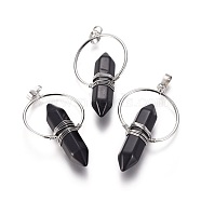 Natural Obsidian Wire Wrapped Pointed Big Pendants, Double Terminated Pointed, with Brass Findings, Bullet, Platinum, 53~55x30~32x11.5mm, Hole: 7.5x4mm(G-L520-I05-P)