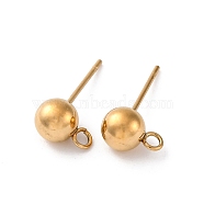 202 Stainless Steel Ball Stud Earring Findings, with 304 Stainless Steel Pins and Loop, Round, Real 18K Gold Plated, 6mm, Pin: 0.8mm(STAS-F141-06G01-6mm)