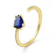 Blue Cubic Zirconia Teardrop Open Cuff Ring, Brass Jewelry for Women, Cadmium Free & Nickel Free & Lead Free, Real 18K Gold Plated, US Size 7 1/2(17.7mm)(RJEW-H120-05G)