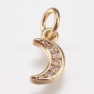 Brass Micro Pave Cubic Zirconia Charms, Moon, Golden, 9x5x1mm, Hole: 3.5mm(ZIRC-E147-59G)