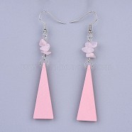 Pear Wood Dangle Earring, with Natural Rose Quartz Chip Beads and Brass Earring Hooks, Triangle, Platinum, 78mm, Pin: 0.7mm(EJEW-JE03156-01)