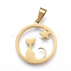 304 Stainless Steel Pendants, Laser Cut, Ring with Cat & Star, Golden, 19x17x1.08mm, Hole: 2.9x5mm(STAS-K191-25G)