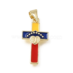 Brass Pendants, Cross with Word FE Charms, with Enamel, Cadmium Free & Lead Free, Rack Plating, Long-Lasting Plated, Real 18K Gold Plated, Colorful, 21x11.5x2mm, Hole: 3.5x5mm(CU-E002-15G)