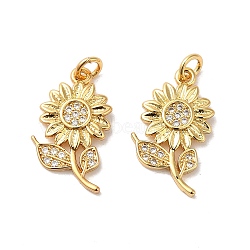 Rack Plating Brass Micro Pave Cubic Zirconia Pendants, with Jump Ring, Long-Lasting Plated, Lead Free & Cadmium Free, Sunflower, Real 18K Gold Plated, 18.5x11x2mm, Hole: 3mm(X-KK-K377-60G)