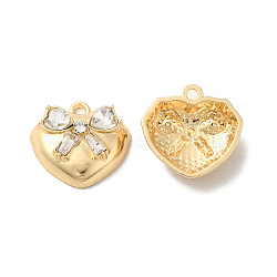 Clear Glass Pendants, Rack Plating Alloy Findings, Nickel Free, Heart with Bowknot Charms, Golden, 16.5x17x6mm, Hole: 1.6mm(PALLOY-O106-22G)