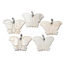 Natural Freshwater Shell Pendants, Butterfly Charms with Brass Snap on Bails, Platinum, 39x58x5mm, Hole: 6x4mm(BSHE-P033-05P)
