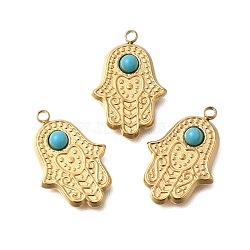 PVD Vacuum Plating 201 Stainless Steel Pendants, with Natural Turquoise, Hamsa Hand, Real 18K Gold Plated, 20x13.5x3.5mm, Hole: 1.6mm(STAS-C111-49G)