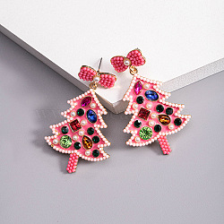 Christmas Trees with Bowknot Alloy Dangle Stud Earrings for Women, with 316 Surgical Stainless Steel Pins & Plastic & Acrylic, Pink, 53x33mm(EJEW-Z078-01B)