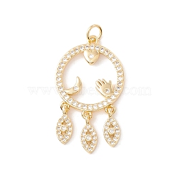 Rack Plating Brass Micro Pave Clear Cubic Zirconia Pendants, with Jump Rings, Long-Lasting Plated, Cadmium Free & Lead Free, Ring & Heart & Moon & Palm & Horse Eye, Real 18K Gold Plated, 32x18.5x2mm, Hole: 3.2mm(ZIRC-I057-21G)
