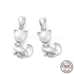 Anti-Tarnish Rhodium Plated 925 Sterling Silver Micro Pave Cubic Zirconia Pendants, with Natural Pearl Beads, Cat Charms, Platinum, 17x10.5x4.8mm, Hole: 2.8x4.5mm(STER-A044-03P)