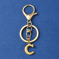 304 Stainless Steel Initial Letter Charm Keychains, with Alloy Clasp, Golden, Letter C, 8.5cm(KEYC-YW00005-03)