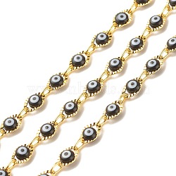 Brass Oval Link Chains, with Glass Evil Eye Beaded, Long-Lasting Plated, Soldered, with Spool, Golden, Black, 10x6x3.5mm, 5.5x4x1mm(CHC-E024-05G-04)
