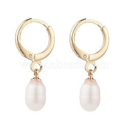 Natural Pearl Beads Drop Huggie Hoop Earrings for Women, Light Gold, Seashell Color, 25~26mm, Pin: 0.8mm(X-EJEW-JE04757-03)