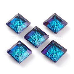 Embossed Glass Rhinestone Pendants, Abnormity Embossed Style, Rhombus, Faceted, Bermuda Blue, 19x19x5mm, Hole: 1.2mm, Diagonal Length: 19mm, Side Length: 14mm(GLAA-J101-03B-001BB)