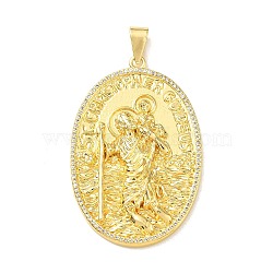 Religion Brass Micro Pave Clear Cubic Zirconia Big Pendants, Oval with St. Christopher Charms, Rack Plating, Long-Lasting Plated, Cadmium Free & Lead Free, Real 18K Gold Plated, 53x35x6mm, Hole: 9x5mm(KK-A303-10A-G)
