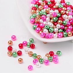 Christmas Mix Pearlized Glass Pearl Beads, Mixed Color, 4mm, Hole: 1mm, about 400pcs/bag(HY-X006-4mm-05)