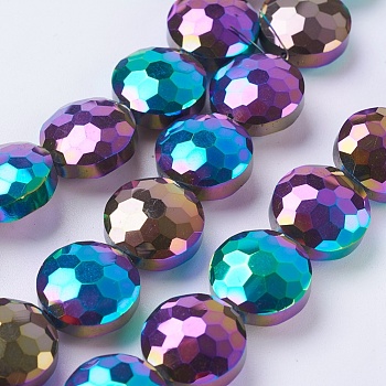 Electroplate Glass Beads Strands, Full Plated, Faceted, Flat Round, Multi-color Plated, 14x8mm, Hole: 1mm, about 25pcs/strand, 13.7 inch