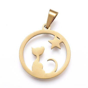 304 Stainless Steel Pendants, Laser Cut, Ring with Cat & Star, Golden, 19x17x1.08mm, Hole: 2.9x5mm