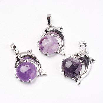 Natural Amethyst Pendants, with Brass Findings, Dolphin, Platinum, 30x23x8mm, Hole: 5x8mm
