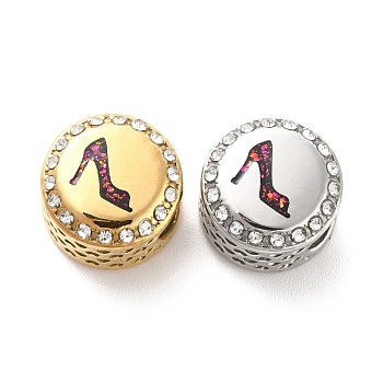304 Stainless Steel European Beads, with Enamel & Rhinestone, Large Hole Beads, Golden & Stainless Steel Color, Flat Round with High Heel, Fuchsia, 12x8mm, Hole: 4mm