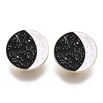 Alloy Brooches, Enamel Pin, with Brass Butterfly Clutches, Flat Round with Moon, Light Gold, Black, 26x2mm, Pin: 1mm