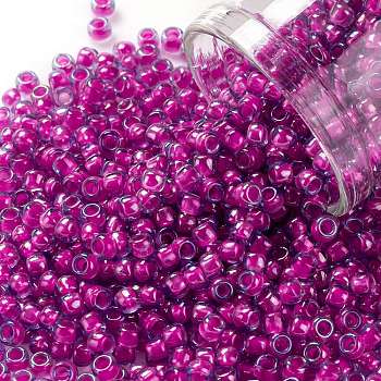 TOHO Round Seed Beads, Japanese Seed Beads, (980) Luminous Light Sapphire/Neon Pink Lined, 8/0, 3mm, Hole: 1mm, about 220pcs/10g