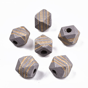 Painted Natural Wood Beads, Laser Engraved Pattern, Faceted, Polygon with Zebra-Stripe, Light Grey, 10x10x10mm, Hole: 2.5mm