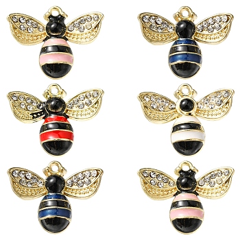 6Pcs Rack Plating Alloy Enamel Pendants, with Crystal Rhinestone, Cadmium Free & Nickel Free & Lead Free, Light Gold, Bees, Mixed Color, 19x23x5mm, Hole: 1.4mm