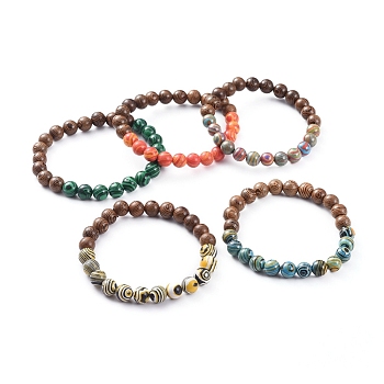 Unisex Stretch Bracelets, with Synthetic Malachite(Dyed) Beads and Wood Beads, Round, Mixed Color, 2-1/4 inch(5.7cm)
