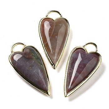 Natural Indian Agate Pendants, Rack Plating Brass Heart Charms, Golden, 38x19x7.3~7.8mm, Hole: 4.7x6.5mm