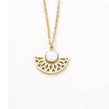 Natural White Jade Fan Pendant Necklaces, Fashion Golden Plated Stainless Steel Cable Chain Necklaces for Women