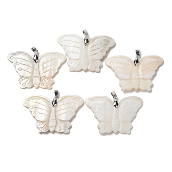 Natural Freshwater Shell Pendants, Butterfly Charms with Brass Snap on Bails, Platinum, 39x58x5mm, Hole: 6x4mm
